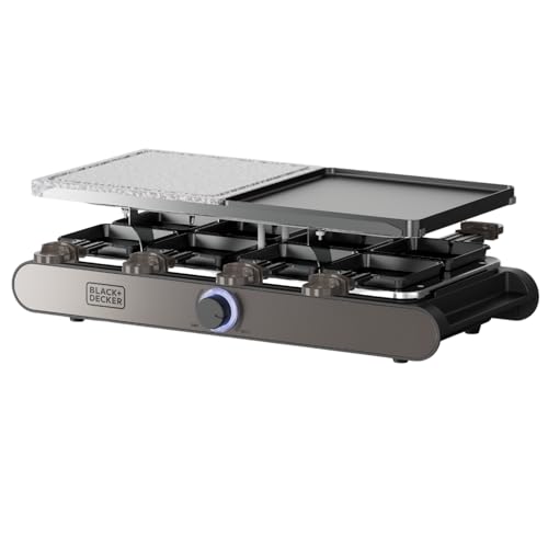 Black+Decker – Raclette| 8 Comensales| Placas 21x21 cm| Tempeatura Regulable| 1400W| Plancha Reversible y Antiadherente| Piedra Natural| Accesorios incluidos| Libre PFOA