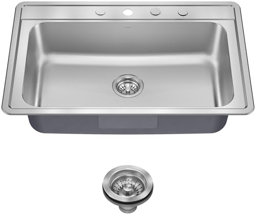 Image of KRAUS Premier 33-inch Drop In /Top Mount Single Bowl 18-Gauge Stainless Steel Kitchen Sink with Strainer, KTM100-33