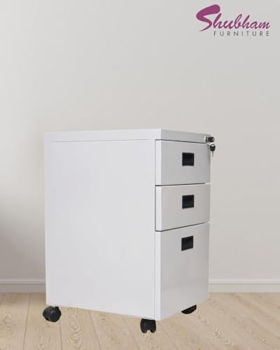 Image of Shubham Furnitures 3 Drawer Steel Pedestal Cabinet | Lockable Powder Coated Filing Cabinet for Files, Documents & Stationery | Office Storage Unit (Light Grey, Pedestal with Wheels)