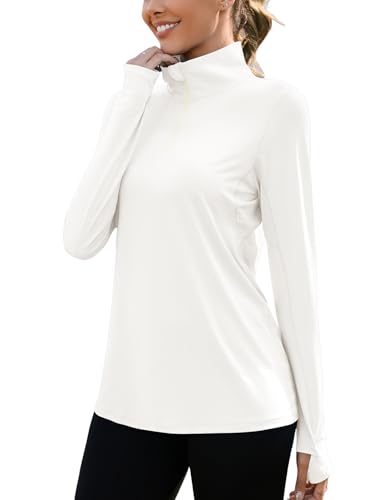 LUYAA Women 1/4 Zip UPF 50+ Sun Shirt SPF Long Sleeve Lightweight UV Protection Clothing Hiking Fishing Outdoor White