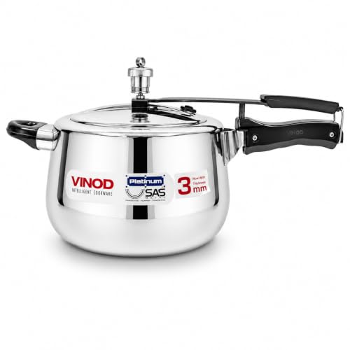 Image of Vinod Platinum Europa Triply Stainless Steel Inner Lid Pressure Cooker 5 L | 3 mm Thick Curved Body | Strong Bakelite Safe-Grip Handle | Gas Stove & Induction Compatible | ISI & CE Certified