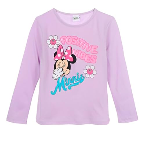 Disney Minnie Maus Langarmshirt für Mädchen – Longsleeve mit „Positive Vibes“ Print – Offizielles Lizenzprodukt – Größen 98–128 – aus Baumwolle, Farbe: Lila, Bekleidungsgröße: 128
