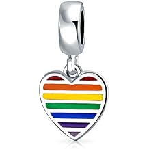 Bling Jewelry .925 Sterling Silver Unisex Inspiration LGBTQ Rights Symbol Rainbow Disc Tag Heart Dangle Bead Charm Personalized Engraved for Bracelet