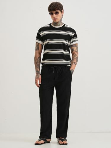 Image of Banana Club Deep Black Corduroy Pant - Regular Fit, Solid, Corduroy Casual Trousers with Textured Fabric, Comfortable Fit