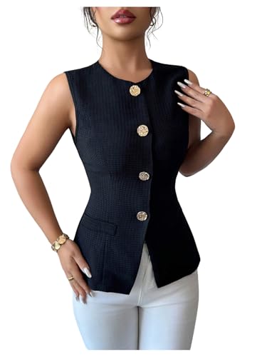 SOLY HUX Women's Summer Button Up Blazer Vest Elegant Crew Neck Sleeveless Business Casual Waistcoat