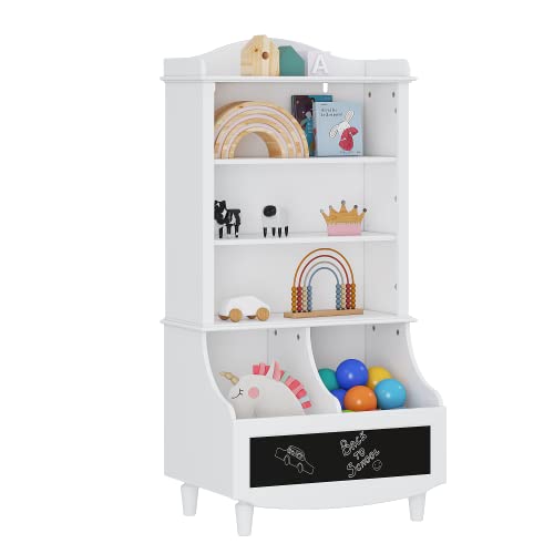 Image of UTEX Kids Toy Storage, Kids Bookshelf and Toy Organizer Cabinet, Kids Bookcase with Blackboard and Cubbies, Open Kids Bookshelves Display Stand for Toddlers, White