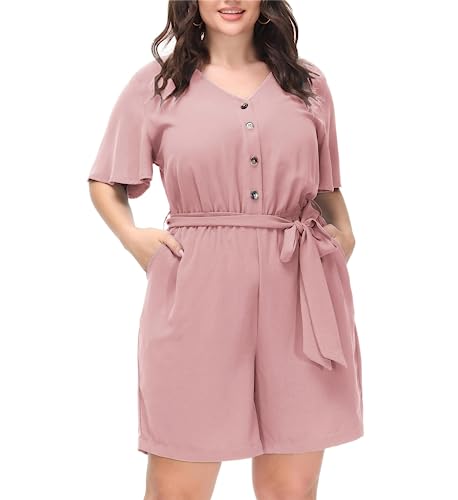 Hanna Nikole Women Self Belted Rompers Summer Plus Size V Neck Short Jumpsuit with Pockets Pink 1X