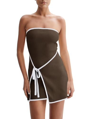 Image of Wenrine Womens Sexy Tube Top Dress Strapless Self Tie Wrap Asymmetrical Hem Knit Summer Party Mini Dresses