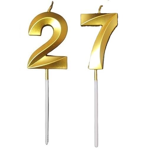 Image of ToyUniverse Number 27 Metallic Gold Candle for Twenty Seventh Birthday, Anniversary, Surprise Party Cake Decoration (Pack of 2)