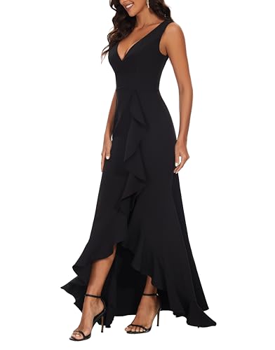 Women's Formal Dresses; Long Black Wedding Guest Bridesmaid Cocktail Plunging V-Neck Sleeveless Ruffle Maxi Dress