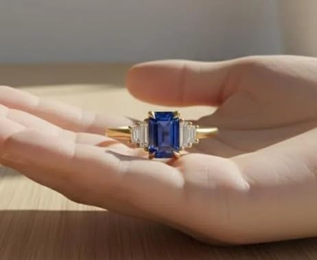 Emerald Cut Sapphire CZ Engagement Ring for Women | 18K Gold Plated on 925 Sterling Silver | Blue Gemstone Baguette Side Stone Ring | Classic Bridal Promise Jewelry