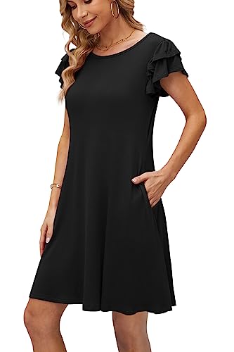 Image of DB MOON Women 2026 Mini Dresses Summer Casual Ruffle Short Sleeve Cute Crew Neck Flowy Dress with Pockets