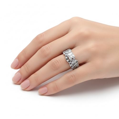 Image of Choose Your Gemstone Milgrain Petal Diamond CZ Wedding Ring Set 925 Sterling Silver Princess Shape Wedding Ring Sets Lightweight Office Wear Everyday Gift Jewelry US Size 4 to 12