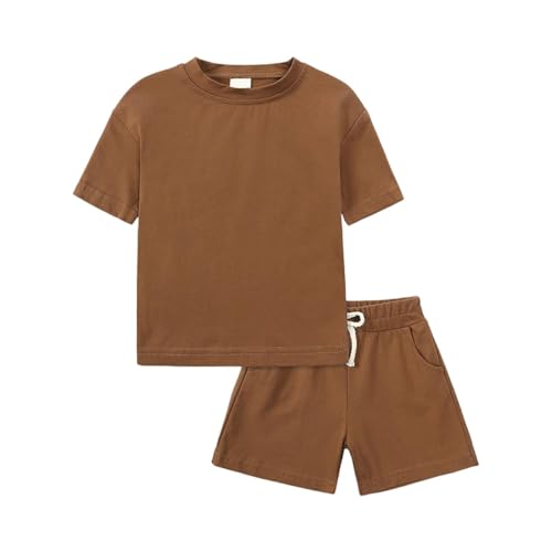Boys Girls 2 Piece Outfit Teens Summer Cotton Sport Tops and Elastic Waisted Shorts Set Kids Cute Solid Casual Clothing Sets