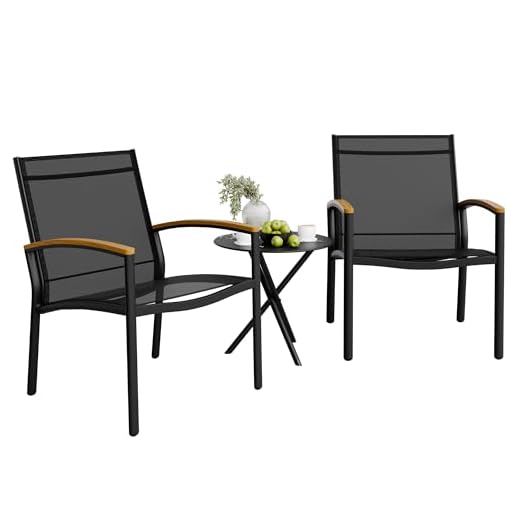 Shintenchi 3 Pieces Patio Bistro Sets, Outdoor Textilene Fabric Conversation Bistro Set, Textilene Fabric Front Porch Chairs Small Patio Furniture Set with Table for Lawn,Garden,Balcony (Black)