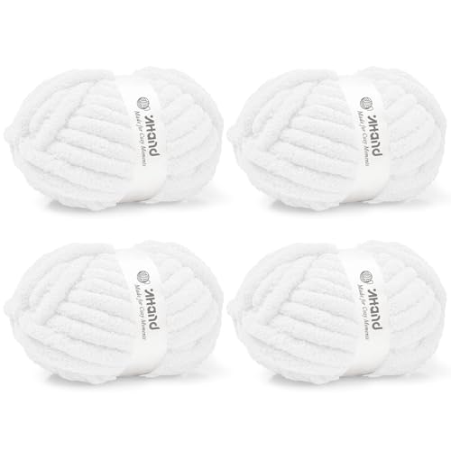 Image of Inhand Chunky Chenille Yarn for Hand Knitting, Thick Bulky Blanket Yarn for Crocheting, Soft Fluffy Yarn for Crochet Gifts & Crafts for Women /Beginners, 4 Pack (29.5 yds /8.4 oz Each), Snow White