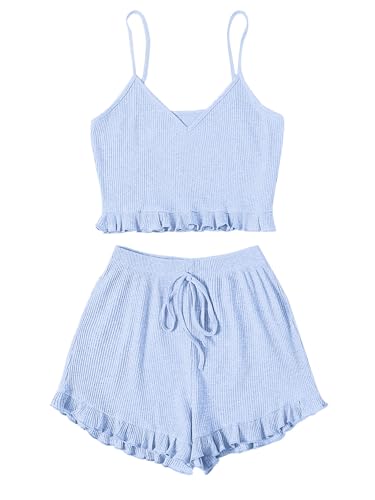 Image of Avanova Women Sexy 2 Piece Pajama Set Ruffle Trim Cami Top and Shorts Sleepwear Set