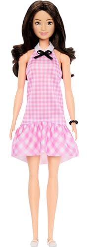 Image of Barbie Fashionistas Doll #224 with Black Wavy Hair, Pink Gingham Dress & Accessories, 65th Anniversary Collectible Fashion Doll
