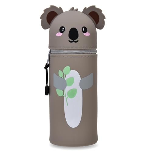 LVZONGXIN Kawaii Federmäppchen, 2-in-1 Weiche Silikontasche - Tischstifthalter, Reißverschluss, Silikon, Stiftetasche Buntstifte Marker, H 18,5 cm (Koala)