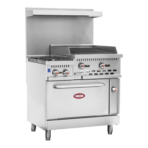 Image of Kratos 36 inch Wide Commercial Gas Range with 24 inch Charbroiler, 2 Burners, and Full Size Oven, 154,000 BTU Output, Freestanding Range for Restaurants, Liquid Propane