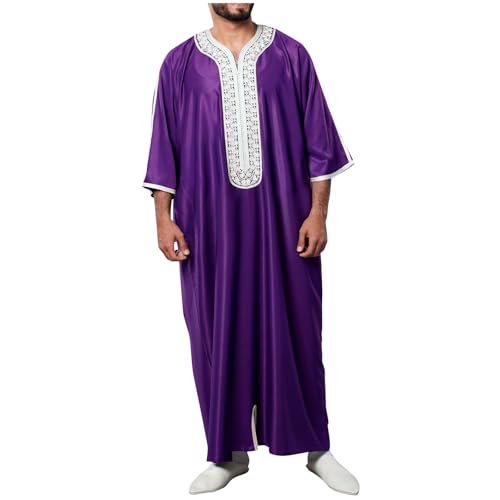 Muslim Men Clothing Thobe Embroidery Robes Long Big and Tall Arab Caftan Islamic Wear Casual Stylish Fashion 2025 Abayas for Dresses Rug Muslims Burp Cloths Overgarments 01# Purple XL