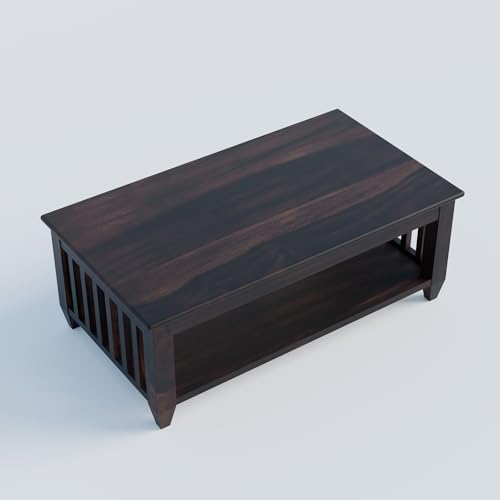 Image of Solid Sheesham Wood Rectangle Centre Table, Coffee Table for Living Room, Wooden Sofa Center Table with Shelf Storage for Home & Office | Rosewood, Walnut, Pre Assembled & Ready to Use