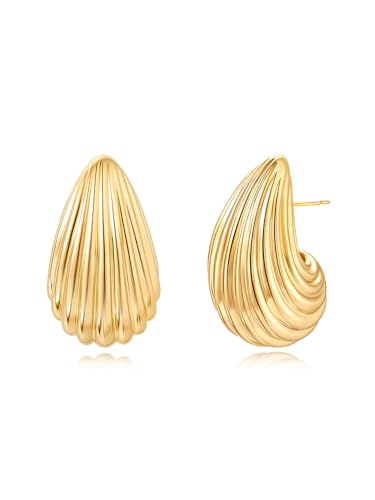 Teardrop Gold Chunky Hoop Trendy Earrings for Women, Shell Hollow Hyperallergenic 14K Gold Plated Drop Earrings Fashion Jewelry Gift - Main Image