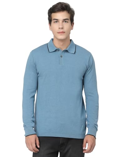 Image of Kalt Mens Basic Solid Full Sleeves Polo Cotton Blend Knitted Regular Fit Polo-Neck T-Shirts with Collar Stylish