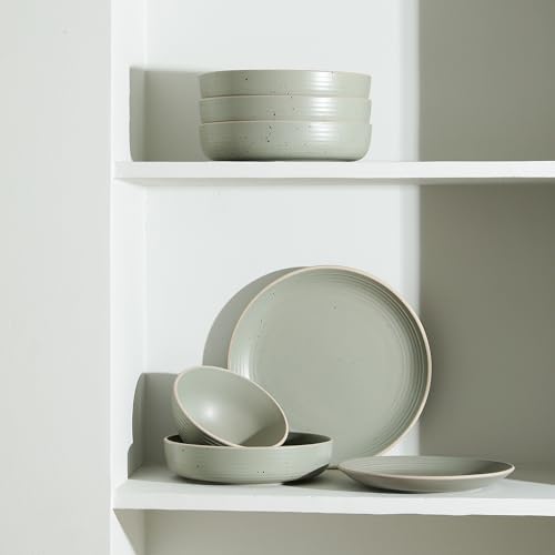 Image of Stone Lain Lauren Stoneware, Rustic Plates and Bowls Set, Dinnerware, Service for 4, Speckled Green, Dishwasher & Microwave Safe, 16-Piece