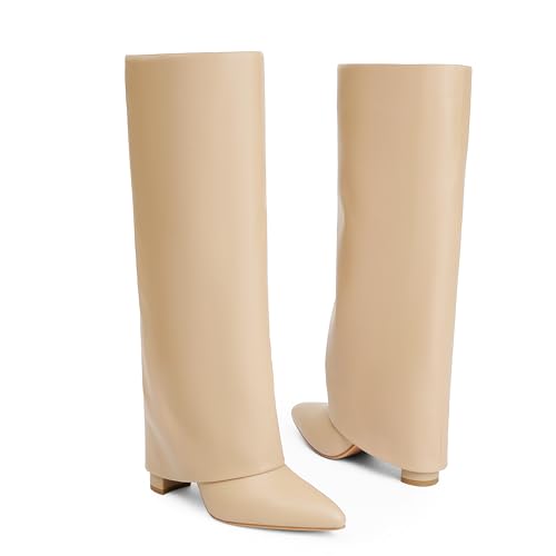 Image of Knee High Boots Women Fold Over Boots Chunky Heel Pointed Toe Tall Boots | Fashion Slouchy Boots,Side Zipper Shark Boots,Fall Spring Winter Fashion Dress Tall Boots,Evening Bridal office Long Boots