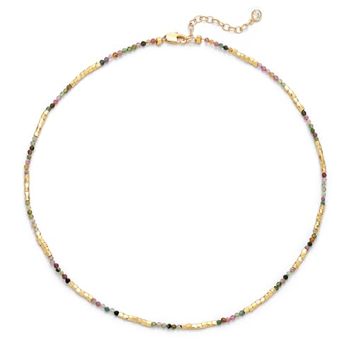 OSIANA Beaded Gemstone Choker Necklace for Women, 14K Gold Plated Natural Stone Beads, Geometric Boho Style Handmade Summer Jewelry