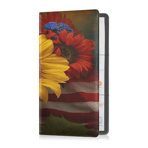 Portaoggetti pelle di alta qualità per da auto e tessera di assicurazione per uomo e donna organizer per documenti essenziali patente di guida carte bandiera americana panno e girasoli sul tavolo