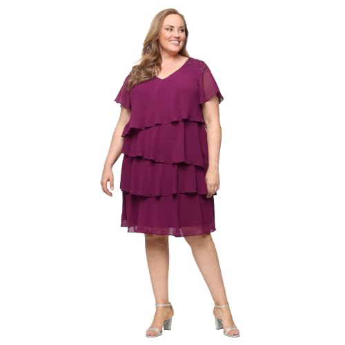 Image of S.L. Fashions Women's V-Neck Chiffon Cocktail Dress with Beaded Shoulders and Asymmetrical Tiers (Petite and Regular Sizes)