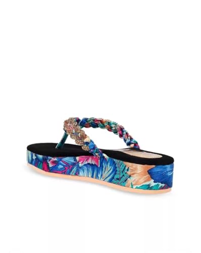 Image of ZAPATOZ Women's Floral Platform Sandals with Braided Gold Embellishment, Black Velvet Thong Slippers, Printed Sole Design