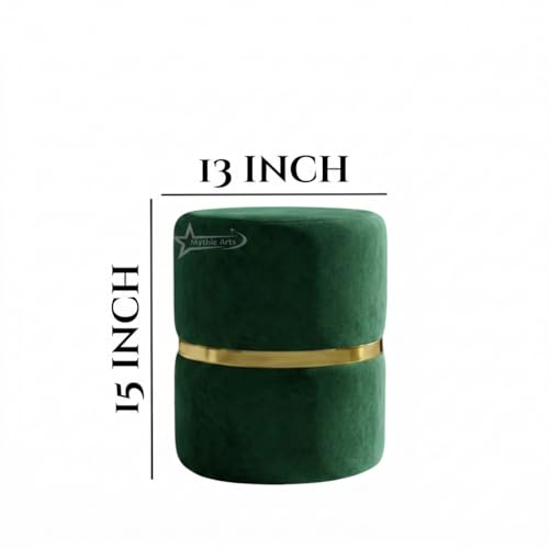 Image of Round Single Strip Upholstered Stool Living Room Foot Rest Linen Fabric Padded Seat Pouf Ottoman Office Stool Dark Green
