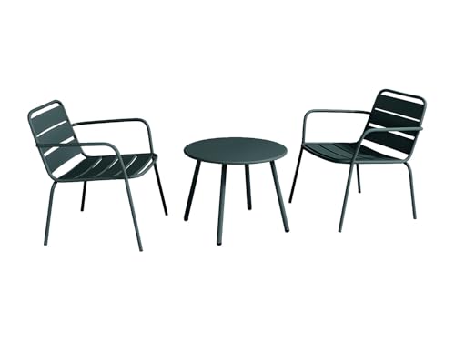 Vente-unique - Conjunto de jardÌn de Metal - 2 sillones Bajos apilables y una Mesa Auxiliar - Verde Abeto - MIRMANDE de MYLIA