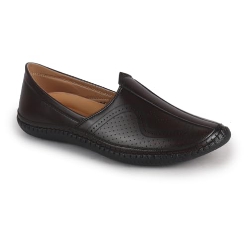 Image of FAUSTO Men Perforated Side Stitched Ethnic Round Toe Juttis and Mojaris for Wedding | Flexible Anti Skid Sole | Pathani Kurta Slip On Shoes