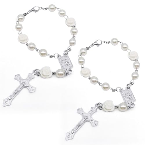 2PCS Car Mirror Decor Hanging Ornament, Rosary Pendant Car Interior Rear View Mirror Charm Auto Decors, Medal and Cross Personalized Protection Charm Accessories for Women (White,Rosary Rose)
