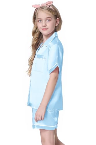Image of Schbbbta Girls Womens Pajamas, Satin Silky Pjs Set Kids 2Pcs Button-Down Nightwear Sleepwear Gift for Mommy and me