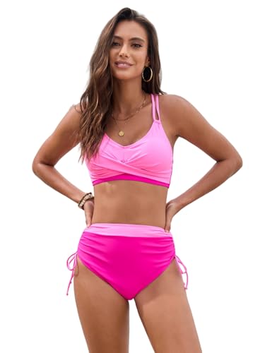 DIOWW Color Block Drawstring Cross Back Bikini Set 2 Piece Swimsuit (US, Alpha, Medium, Regular, Regular, Rose-Pink)