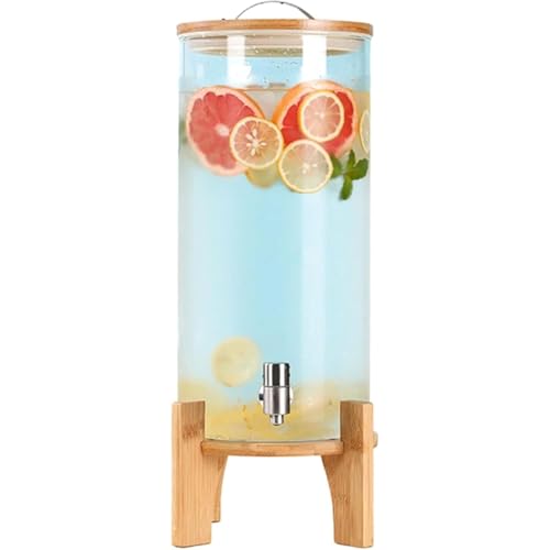5L / 7.5L / 10Lドリンクサーバー ジュースディスペンサー ドリンクディスペンサー ガラス ピッチャー 飲料収納、ステンレス鋼の蛇口+竹の木製ブラケット+竹の木製カバー、ガラス 人気ドリンクサーバー 保存容器 密閉缶 キッチン収納 (10L)
