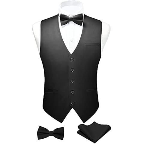 FAIMO Black Waistcoat Mens Solid Color Waistcoat with Bowtie Pocket Square Set Wedding Party Formal Vest Suit Set L Cover