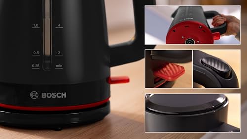 Bosch MyMoment TWK3M123 bezprzewodowy czajnik elektryczny, automatyczne wyłączanie, zabezpieczenie przed przegrzaniem, wskaźnik kubka, dwustronny wskaźnik poziomu wody, wyjmowany filtr kamienia, 1,7