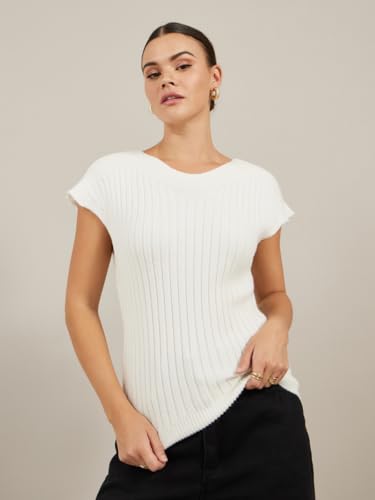 بلوزة منسوجة مضلعة برقبة شكل V واكمام قصيرة على الكتف للنساء من ستايلي، مقاس L، لون ابيض
