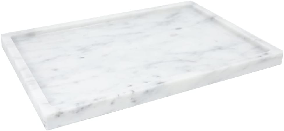 100% Natural Marble Serving Tray Luxury Marble Storage Tray for Home Decor Stone Tray for Bathroom/Kitchen/Vanity/Dresser,Plate Holder for Tissues, Candles, Towel 12" x 8" x 0.7" Marble Tray-carrara White