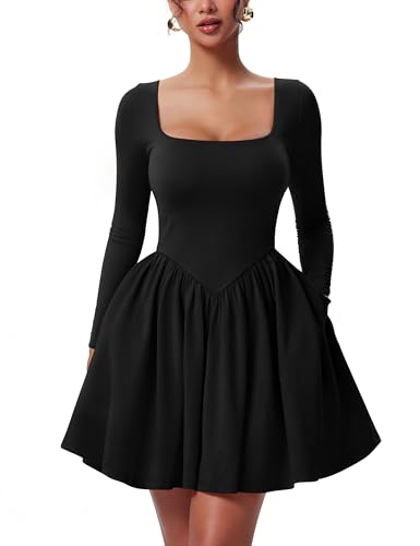 YMDUCH Women's Casual Long Sleeve Square Neck Back Belt A Line Ruffle Hem Mini Dress with Pockets