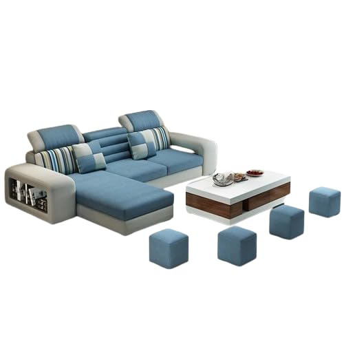 Image of Travis Luxury 8 Seater L Shape Sofa for Living Room Blue & Light Grey LHS | Premium Sofa Set 8 Seater | L Shaped Sofa with Ottoman for Bedroom House Decor
