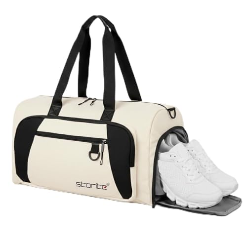 Image of Storite Nylon 50.5cm Travel Duffel Bag for Men & Women with Dry & Wet Pocket, Lightweight Water Resistant Luggage Bag with Shoe Compartment (Cream, 50.5x23x28cm)