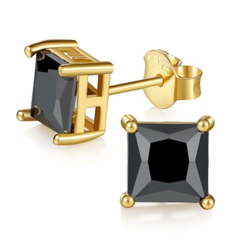 JiangXin Pricess cut Black Onyx 925 Sterling Silver Stud Earring 18K Gold Plated Square Solitaire Gemstone Jewelry