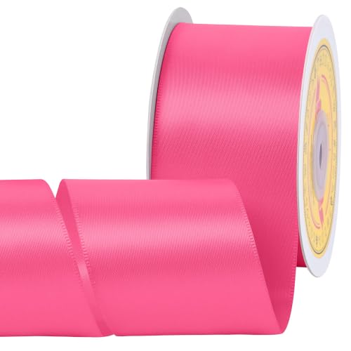Image of Double Face Hot Pink Satin Ribbon 2 inch X 25 Yards Polyester Hot Pink Ribbon for Gift Wrapping Very Suitable for Weddings Party Hair Bow Invitation Decorations and More